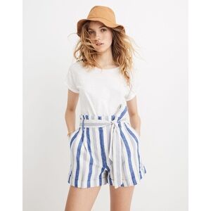 NWT Madewell Paperbag Shorts Stripe - Linen Blend Blue Samantha Stripe Saratoga